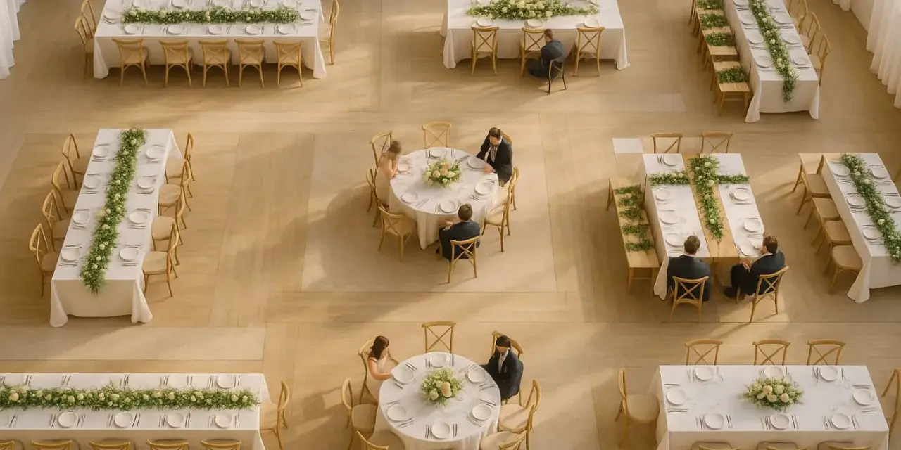 Différents plans de table en épi pour un mariage : tables rectangulaires, rondes et en U, décorées de fleurs.