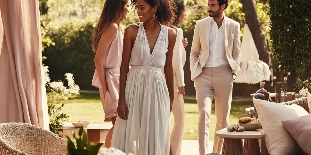 Des invités élégants discutent lors d'un brunch de mariage en plein air. Idées pour comment s'habiller pour un brunch de mariage : robes légères et costumes clairs.