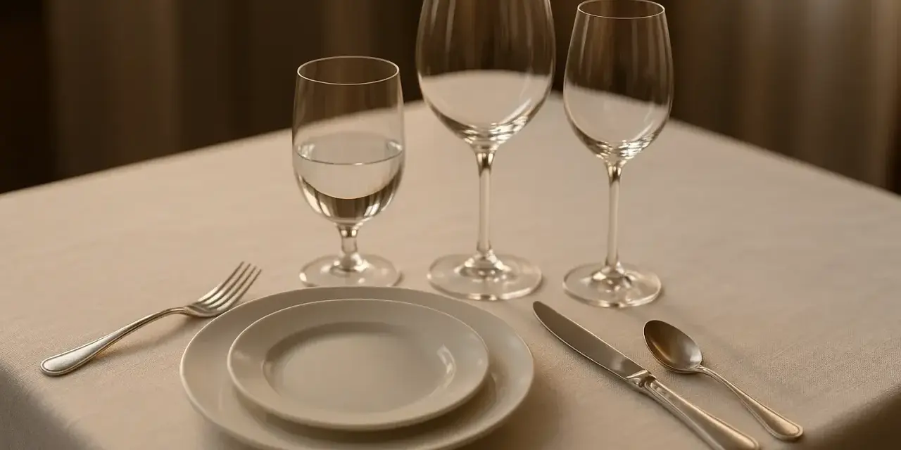 Trois verres à pied sur une table dressée. Quel côté verre à eau est le plus rempli ? Une assiette, une fourchette, un couteau et une cuillère complètent la mise en place.