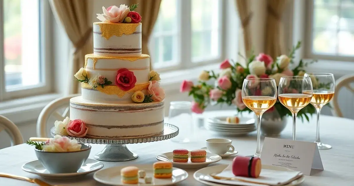 Un magnifique gâteau à trois étages orné de fleurs et de dorures, prêt pour un repas mariage. Des macarons et des coupes de champagne complètent la scène.