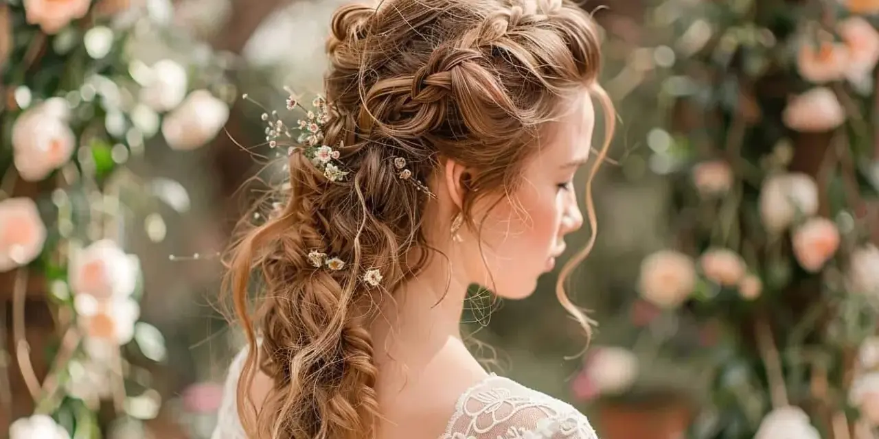 Une mariée avec une demi queue tressée ornée de petites fleurs, parfaite pour un mariage champêtre.