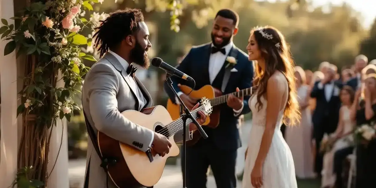 Un musicien joue de la guitare pour un couple marié, créant un moment de surprise mariage émouvant.