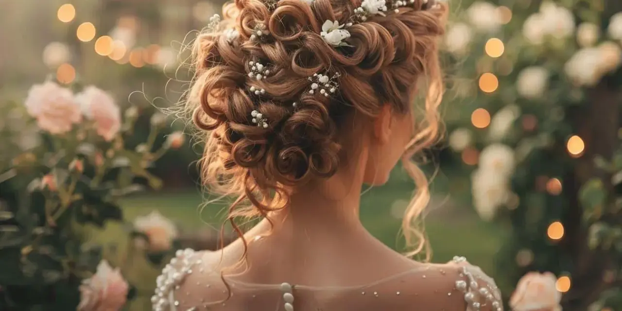 Magnifique coiffure cheveux bouclés mariage, ornée de perles et de petites fleurs blanches, dans un décor champêtre illuminé.