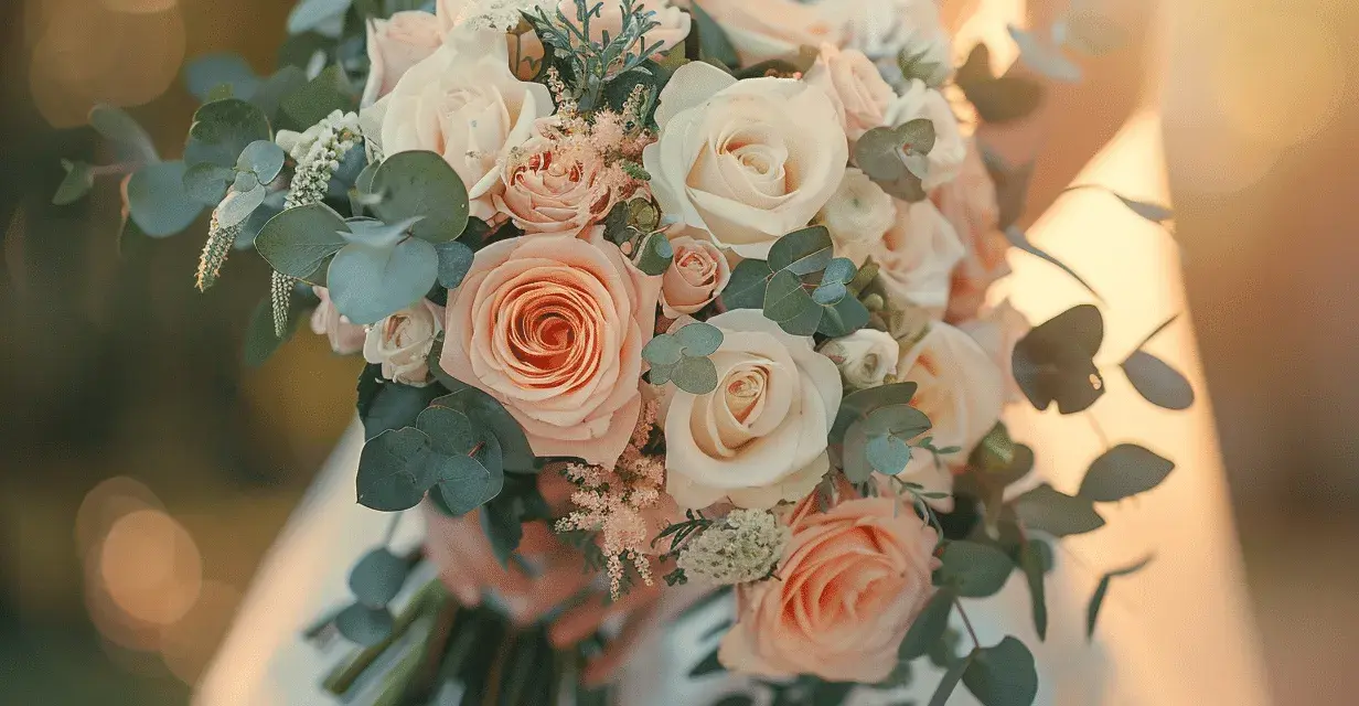 Un joli petit bouquet mariage civil, composé de roses pêche et crème, d'eucalyptus et de petites fleurs blanches, tenu par une mariée.