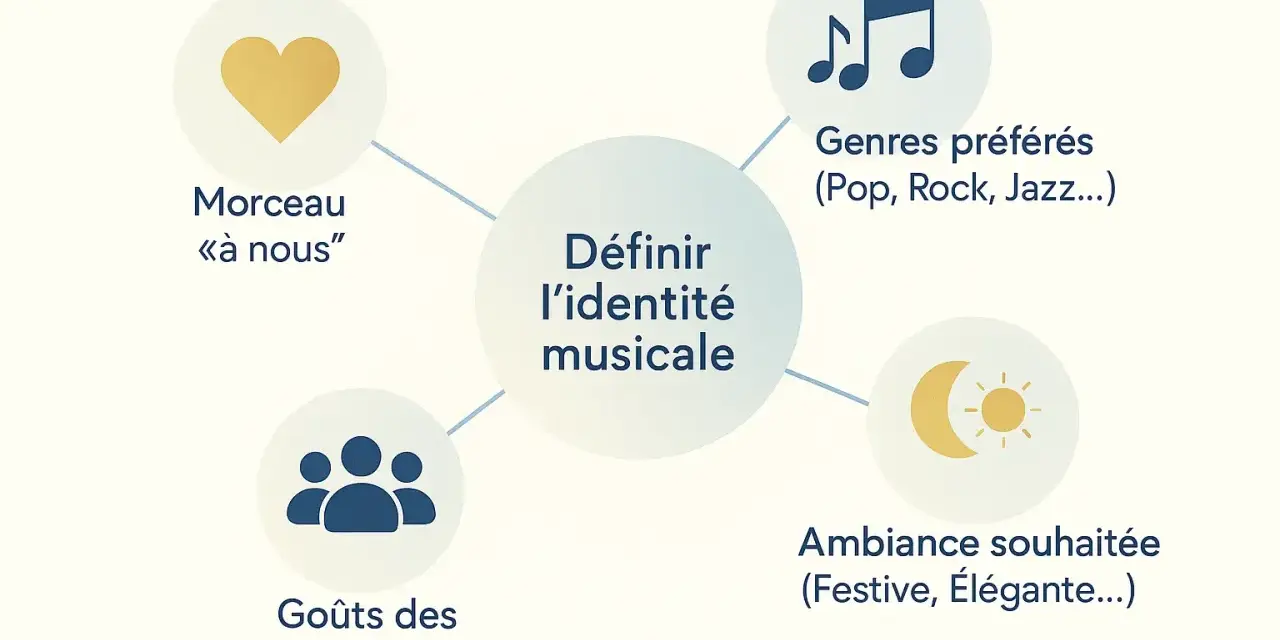 Schéma pour définir l'identité musicale d'une playlist mariage toute faite : morceau à nous, genres préférés, goûts des invités, ambiance souhaitée.