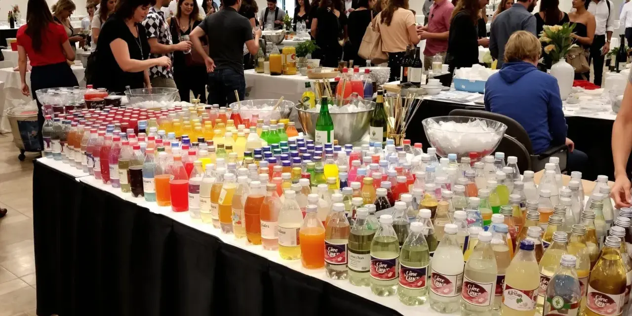 Une table déborde de bouteilles de boissons colorées. Combien de bouteilles d'eau pour 50 personnes ? Il y en a des centaines !