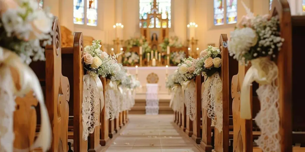 Allée d'église décorée pour un mariage. Des bouquets de fleurs et de la dentelle ornent les bancs, créant une ambiance romantique. Déco église mariage à faire soi-même.