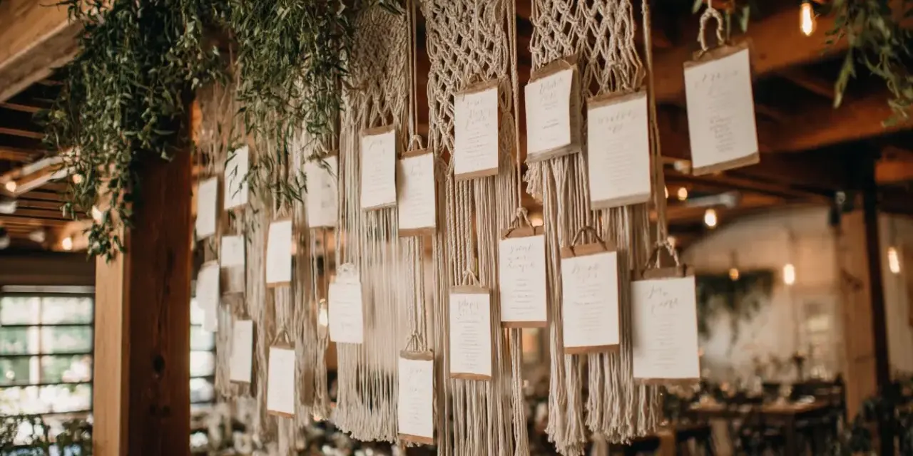 Disposition table de mariage bohème avec des cartes suspendues à des macramés et des feuillages.