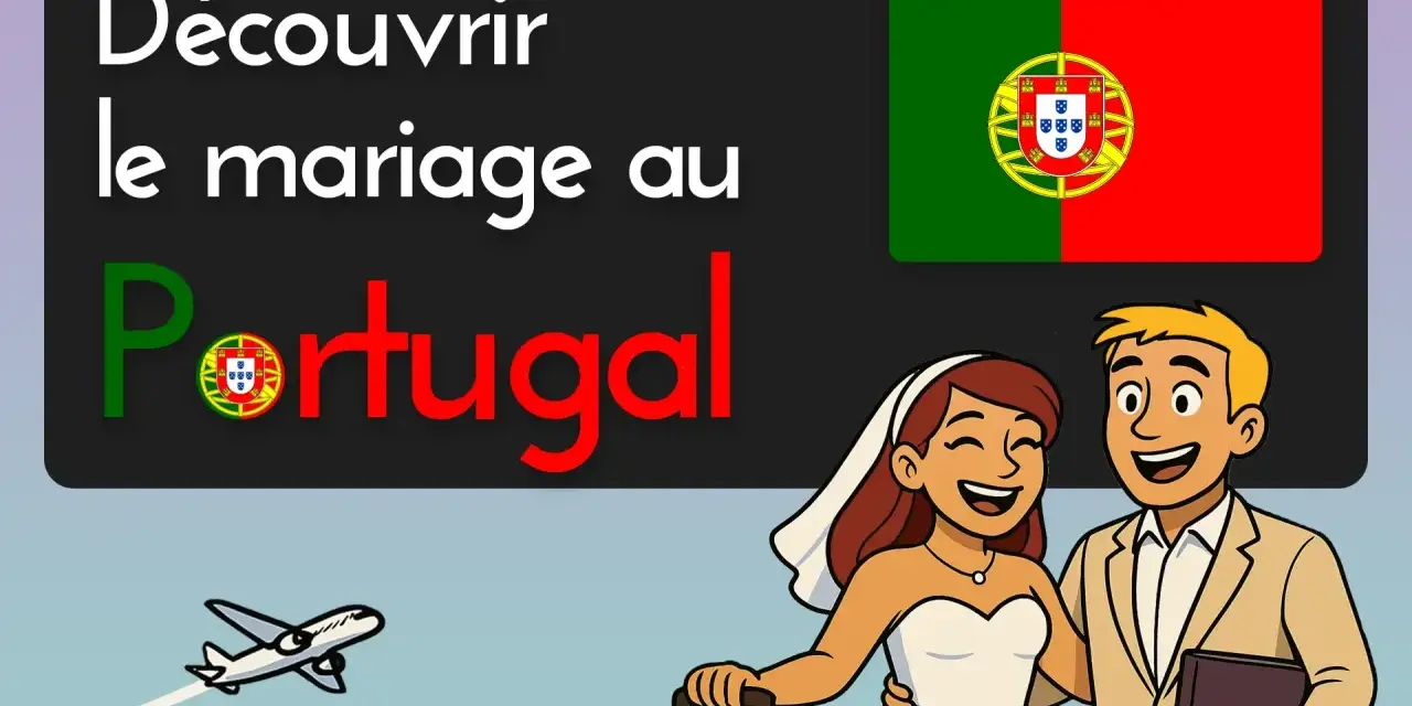 Un couple joyeux s'envole pour son mariage Portugal. L'avion décolle, le drapeau portugais flotte.