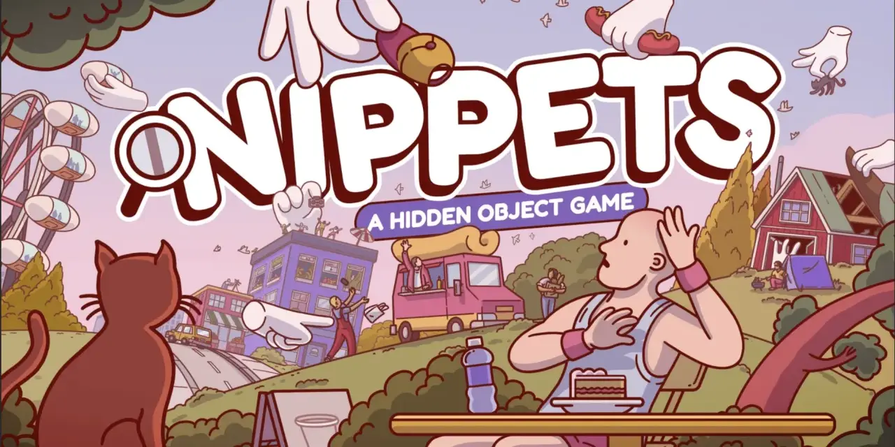 Illustration du jeu "Nippets", un jeu d'objets à aller chercher. Des mains géantes manipulent des objets dans une scène animée.