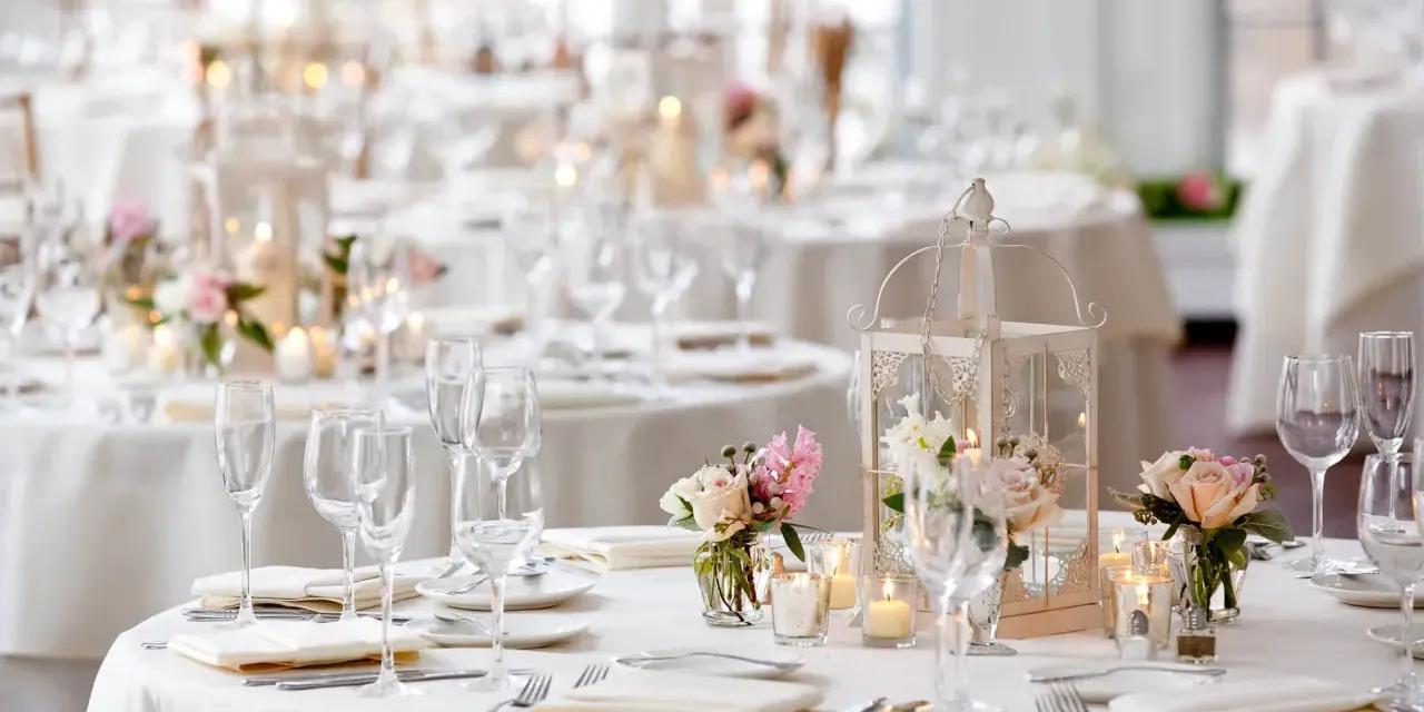 Un élégant plan de table mariage en U, avec des tables rondes dressées de vaisselle fine, de verres à pied, de bougies et de bouquets de roses.