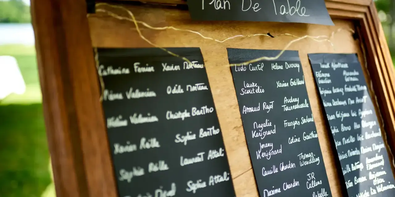 Plan de table pour 4 personnes, affichant des noms manuscrits sur des tableaux noirs.