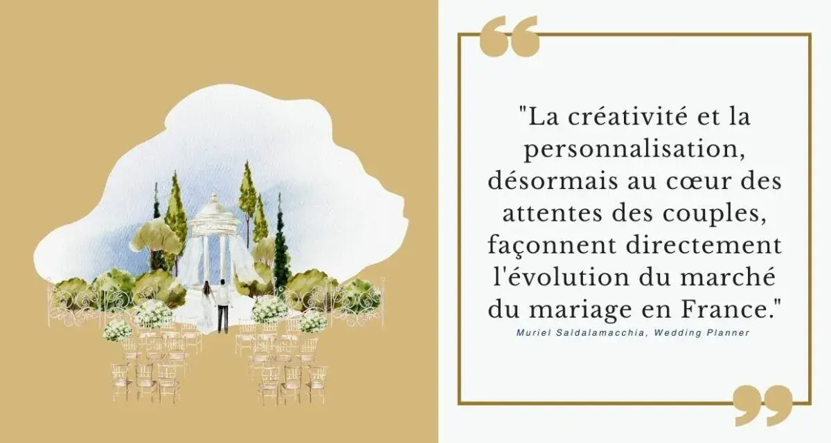 Illustration d'une cérémonie de mariage en plein air, avec un couple sous un kiosque, des chaises disposées. Citation sur la personnalisation de l'animation mariage.