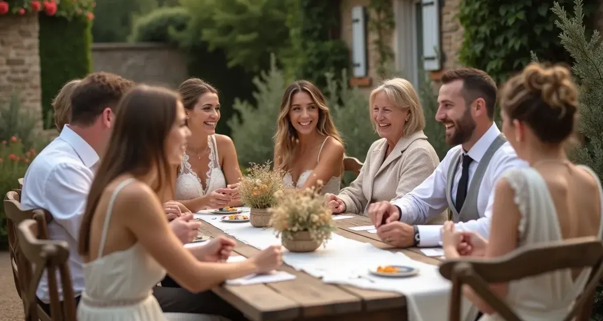Un groupe de personnes souriantes partage un repas en plein air, profitant de jeux mariage petit comité dans un cadre champêtre.