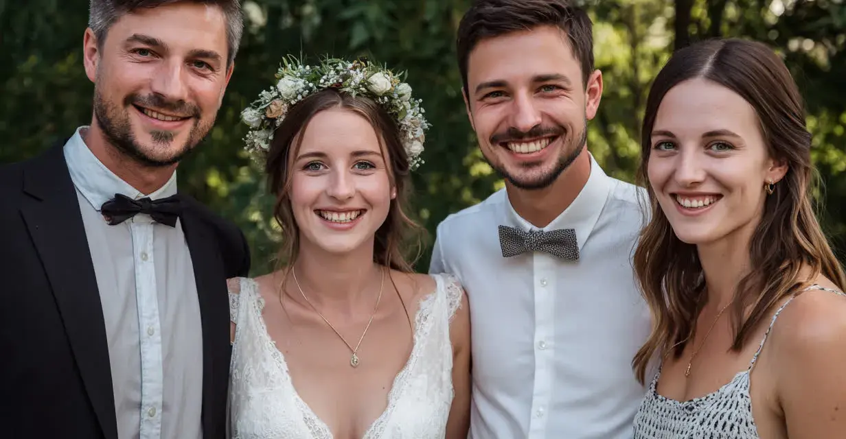 Un couple heureux, entouré de leurs témoins, après la cérémonie à la mairie. La mariée porte une couronne de fleurs.