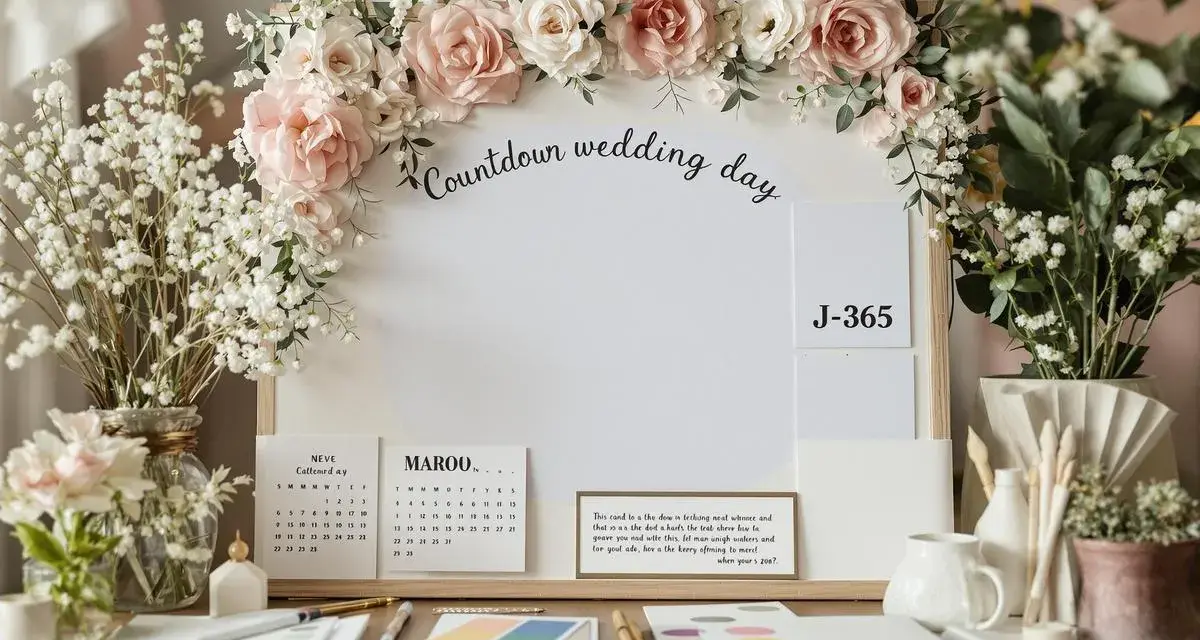 J-365 mariage : un tableau de compte à rebours décoré de roses et de gypsophile, avec des calendriers et des notes.
