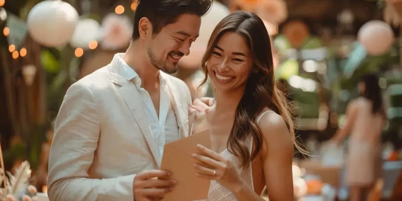 Un couple souriant lit une carte lors d'un mariage en plein air. Ils semblent discuter de combien donner pour un apéro de mariage.