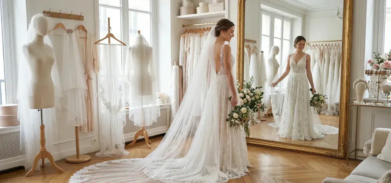 Une mariée avec des cheveux lâchés sous un voile, tenant un bouquet, admire sa robe dans un miroir.