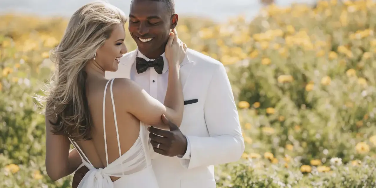 Un couple heureux dans un champ de fleurs jaunes. La mariée porte une robe de mariée blanche, simple et élégante, avec un dos nu. Le marié est en costume blanc.