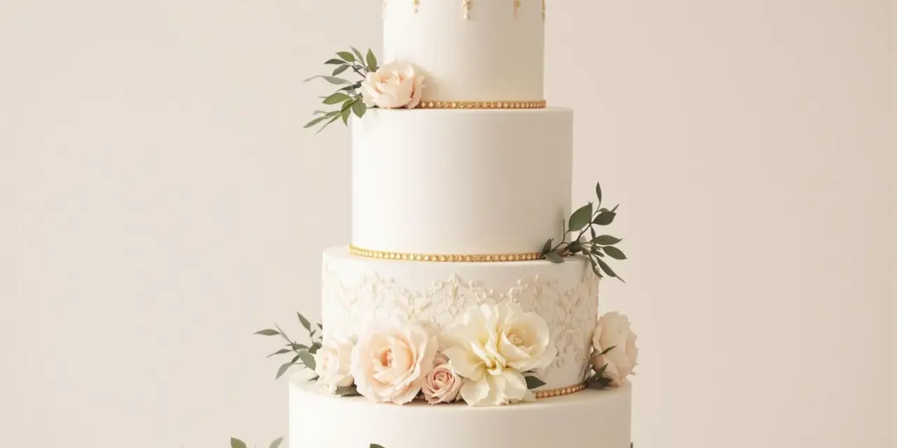Magnifique gâteau de mariage traditionnel à quatre étages, orné de dentelle dorée, de roses pâles et de feuillage.