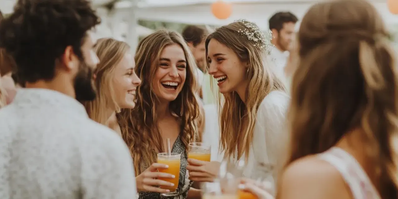 Des jeunes femmes rient joyeusement lors d'une fête de mariage, un verre à la main. L'ambiance est festive, presque comme une "murder party mariage" où le suspense est remplacé par la joie.