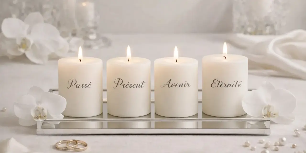 Quatre bougies allumées symbolisant le rituel des bougies mariage : Passé, Présent, Avenir, Éternité. Ornées d'orchidées blanches et d'alliances.