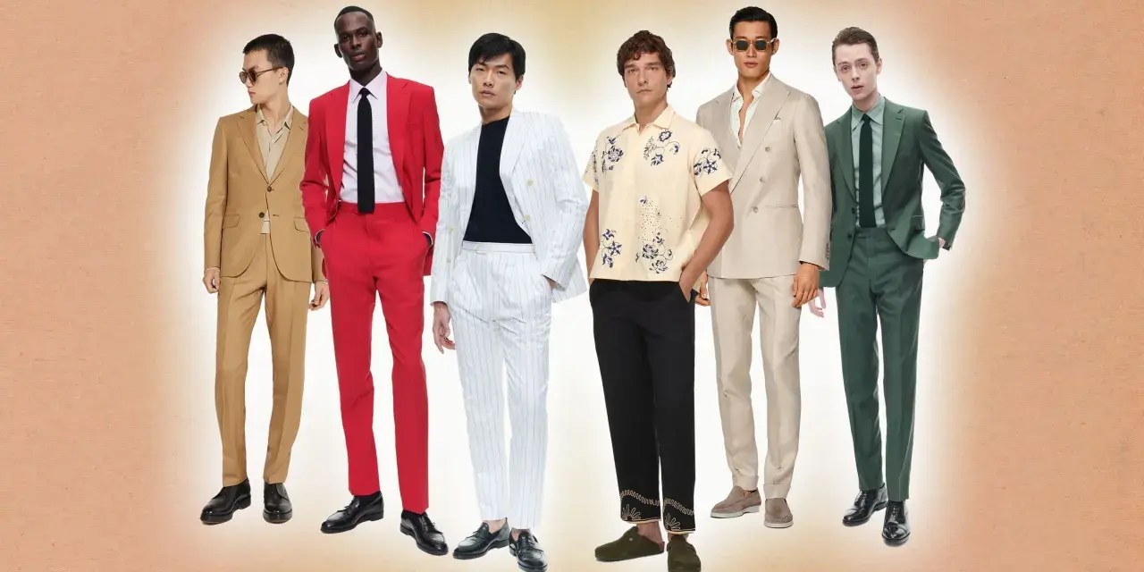 Six hommes présentent des tenues variées, dont une tenue invitée mariage bohème chic homme avec un costume beige décontracté.