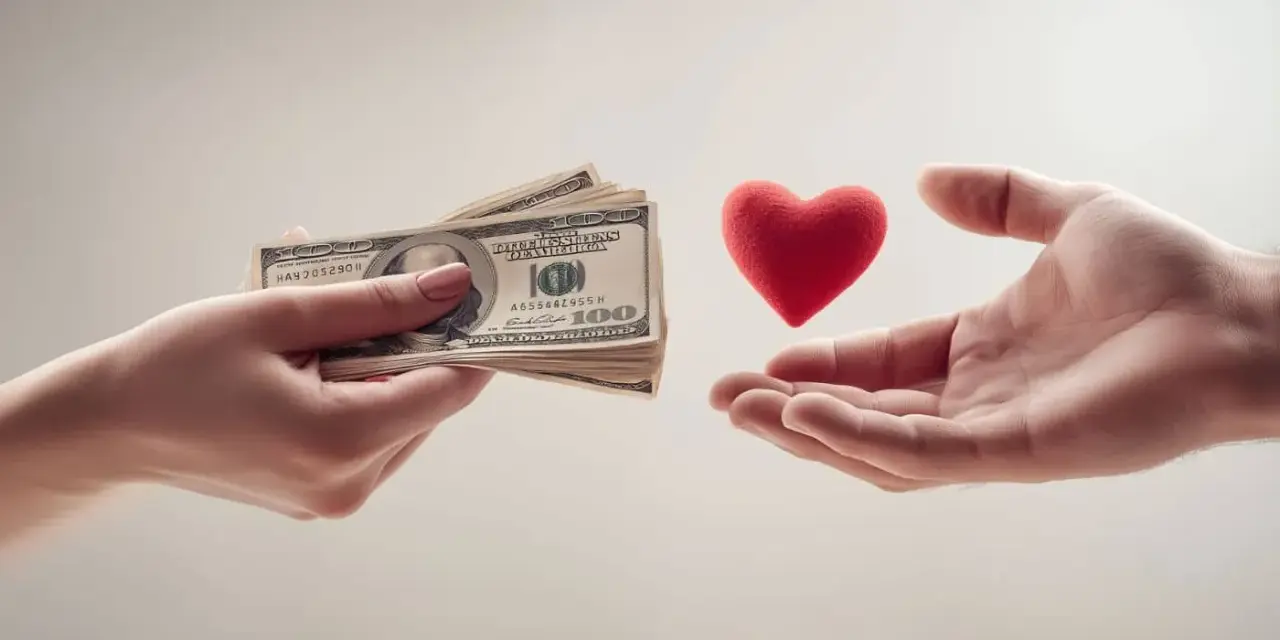 Une main tend des billets de banque, tandis qu'une autre tend un cœur rouge. Une métaphore pour savoir combien donner à un mariage.