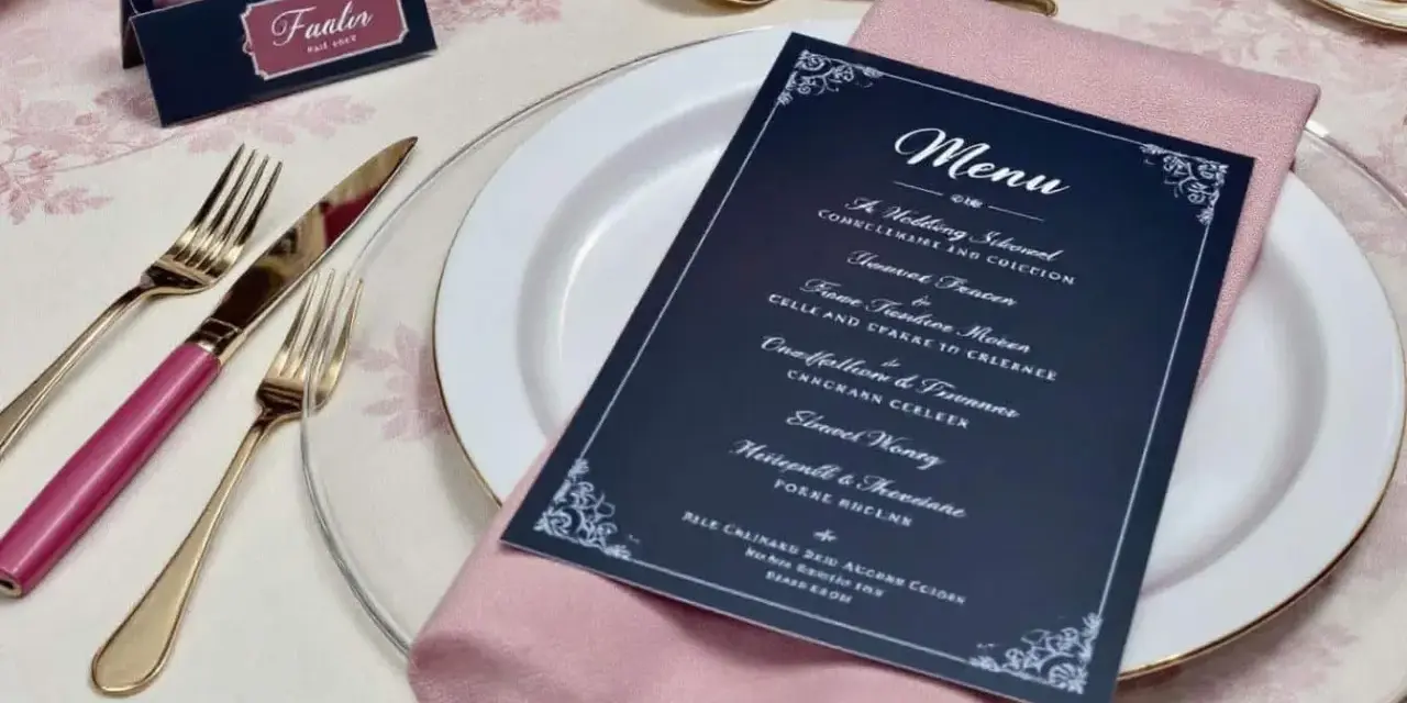 Un exemple de menu de mariage original sur une table dressée avec élégance.