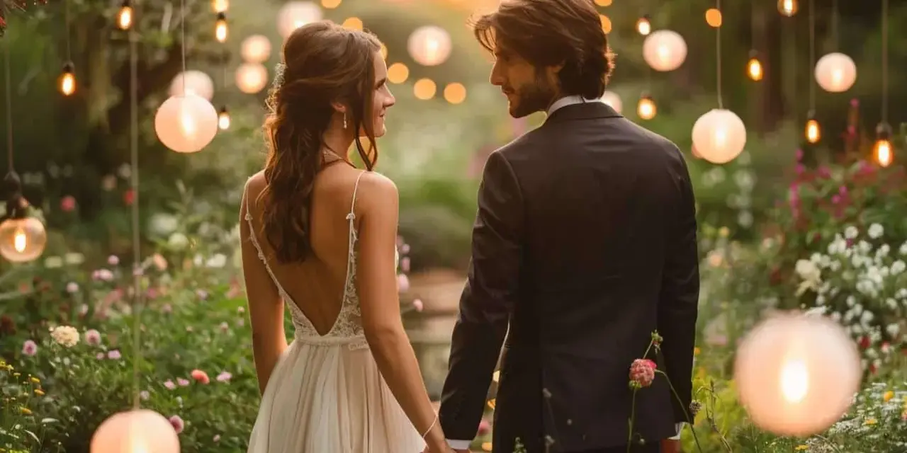 Un couple se tient la main dans un jardin illuminé de lanternes, un moment de tendresse qui révèle les plus belles surprises de mariage.
