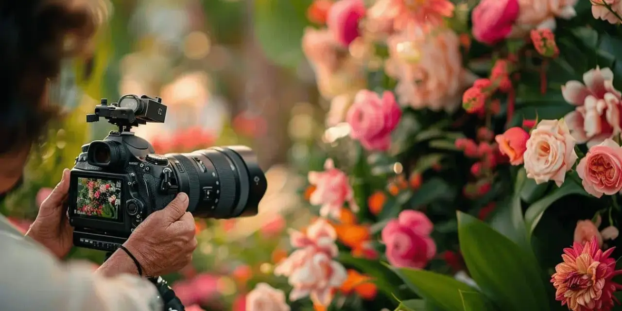 Un témoin filme un mariage avec un appareil photo professionnel, capturant la beauté des fleurs. Une idée vidéo mariage témoin parfaite.