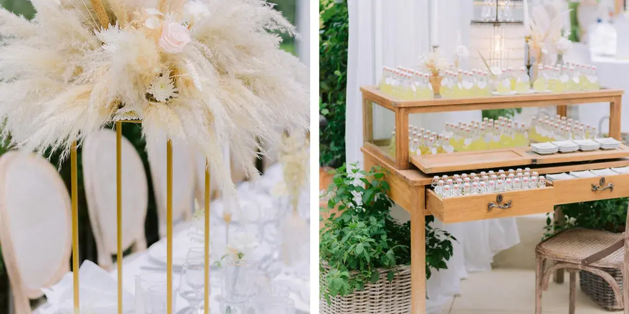 Décoration de mariage bohème avec pampas et bar à limonade. Une belle idée pour une organisation mariage soi-même.
