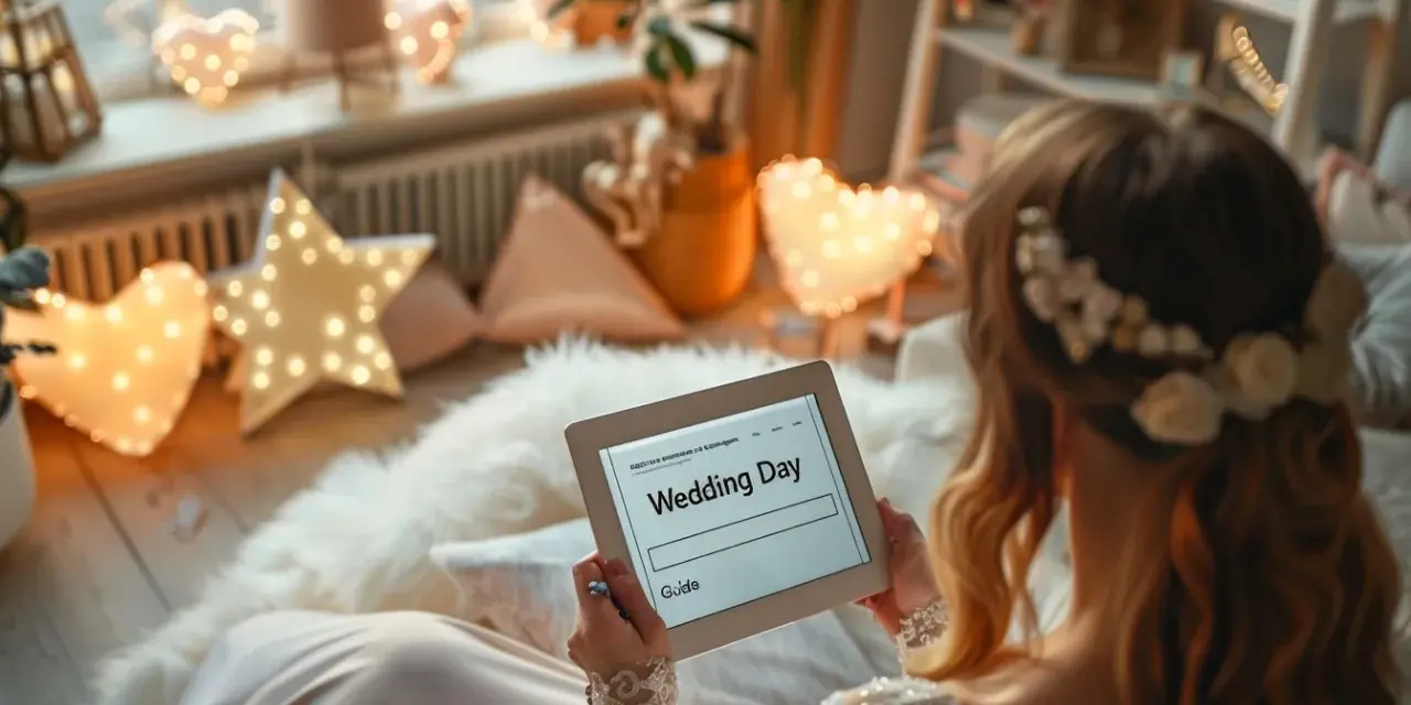 Une mariée consulte un guide sur sa tablette, le "Wedding Day", entourée de lumières en forme de cœur et d'étoiles. Le planning mariage jour j est en cours de préparation.