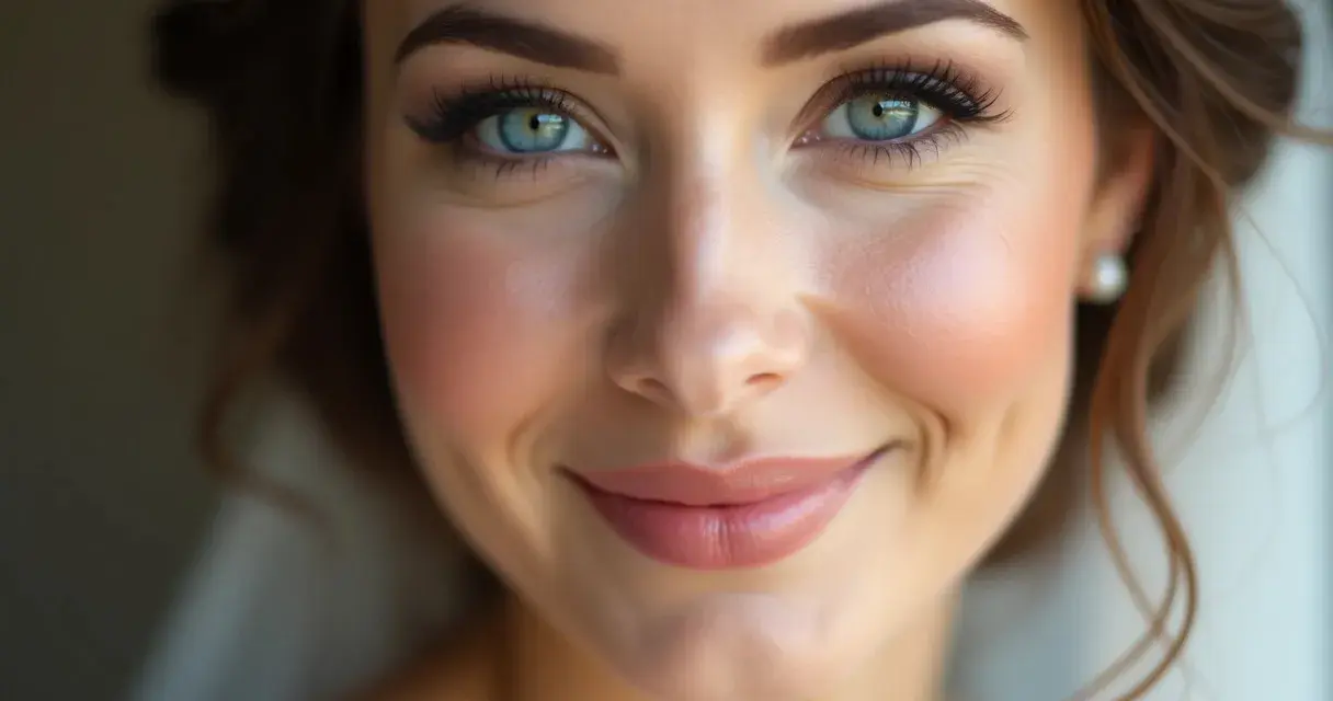Un maquillage mariage sublime des yeux bleus perçants, rehaussés de cils longs et d'un blush délicat.