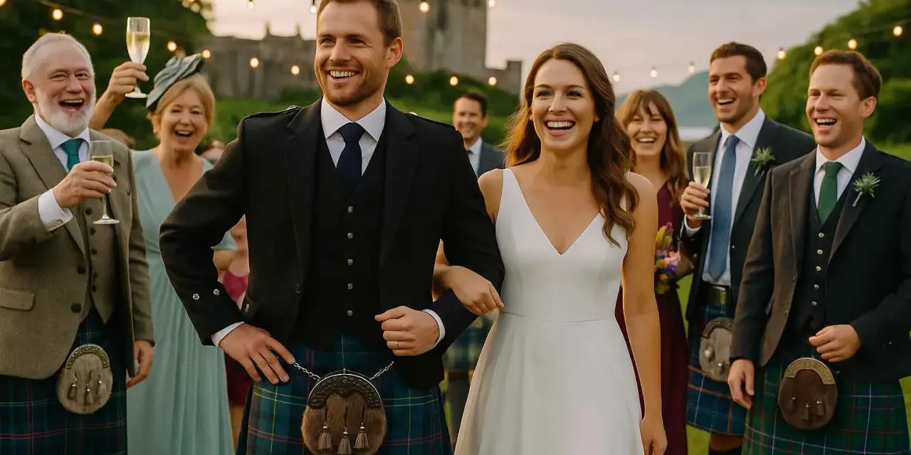 Un couple rayonnant célèbre son mariage en Écosse, entouré de leurs proches. Les kilts traditionnels ajoutent une touche d'authenticité à cette journée mémorable.