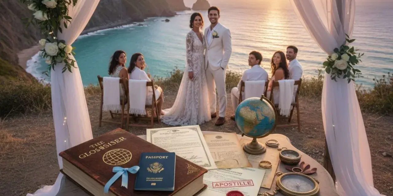 Un couple se marie à l'étranger, entouré de témoins, avec un globe et des documents suggérant un mariage international.