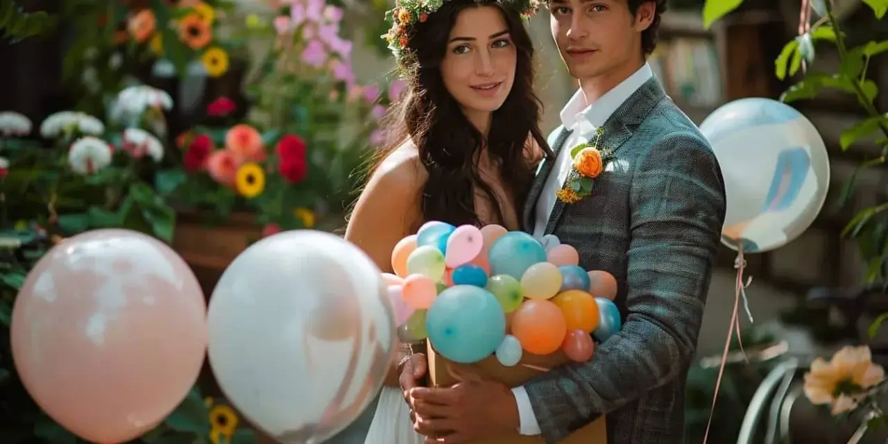 Un jeune couple, elle couronnée de fleurs, lui en costume, tient un bouquet de ballons colorés. Une belle idée surprise mariage.