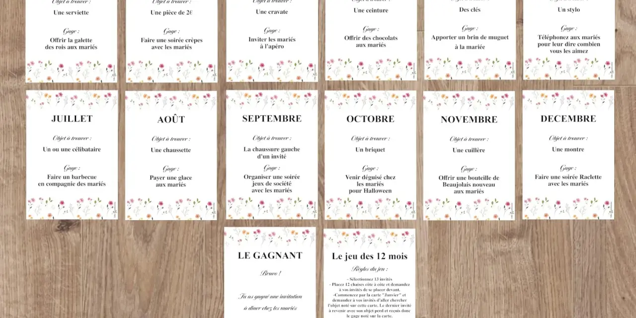 Cartes de jeux mariage "12 mois de l'année" avec des gages et objets à trouver pour chaque mois.