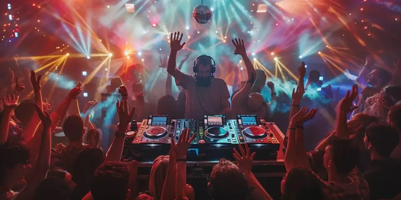 DJ mixant une chanson marrante pour soirée, foule en délire sous les lumières disco.