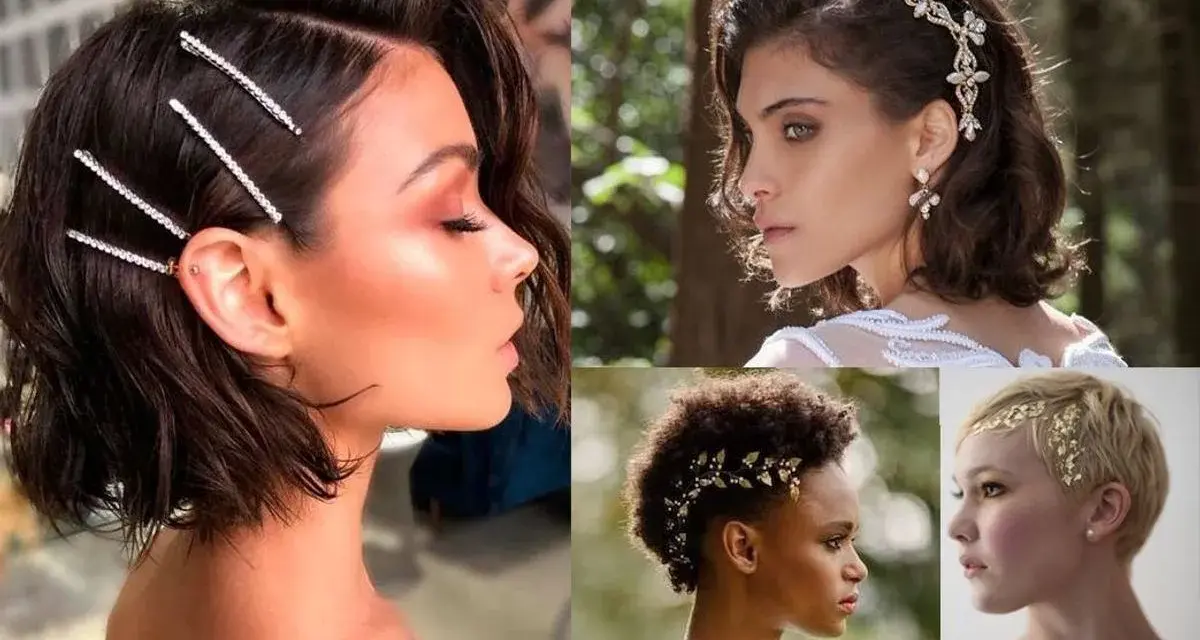 Coiffure mariage cheveux court et fin : épingles scintillantes, diadème fleuri, bijou végétal, feuilles d'or.