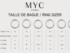 Tableau comparatif pour savoir sa taille de bague sans baguier. Il montre des bagues et leurs correspondances en tailles EU, US, UK et IT.
