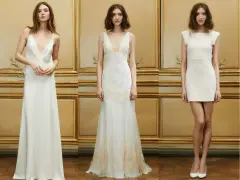 Trois robes de mariée Delphine Manivet : une longue et fluide, une longue en dentelle, et une courte moderne.