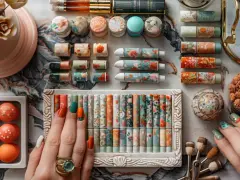 Manucure inspirée d'un mariage bohème : des ongles aux motifs floraux et colorés, assortis à des tubes de maquillage et des boules décoratives.