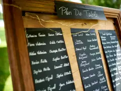 Plan de table pour 4 personnes, affichant des noms manuscrits sur des tableaux noirs.
