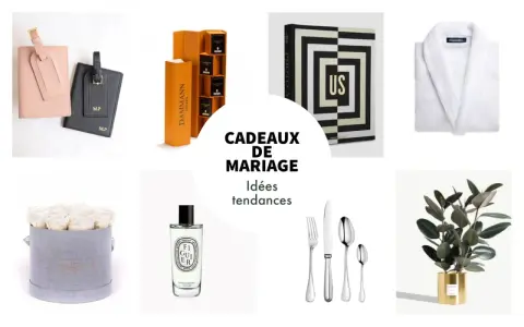 Une sélection d'idées cadeaux pour une liste de mariage traditionnelle : trousse de voyage, thé, album photo, peignoir, roses, parfum, couverts et plante.