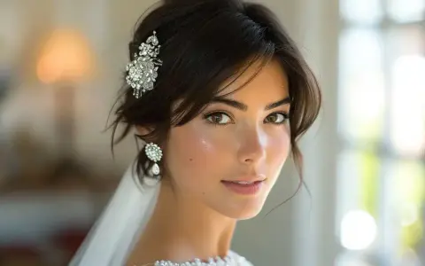 Une mariée aux cheveux courts, ornée d'une épingle scintillante et de boucles d'oreilles élégantes, rayonne de bonheur.