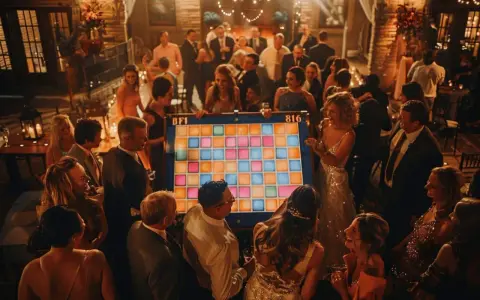 Des invités s'amusent autour d'un jeu coloré, un quizz mariage marrant, lors d'une fête animée.