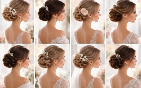 Huit modèles présentent différents chignons ornés de fleurs et de bijoux, parfaits pour une mariée.