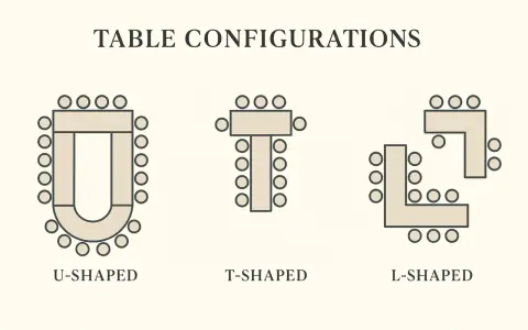 Schémas de disposition de tables pour un mariage : en U, en T, en L.