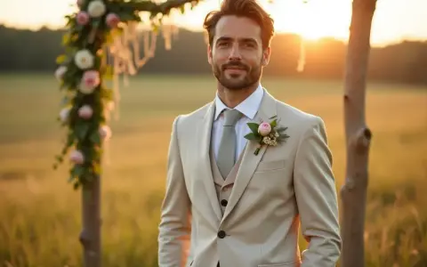 Un homme souriant porte une élégante tenue champêtre homme, un costume beige avec gilet et une boutonnière florale, sous un soleil couchant.